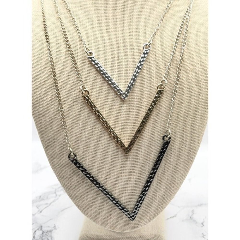 Mixed Metal Triple Chevron Necklace 19" Silver Gold Gunmetal Layered Chains